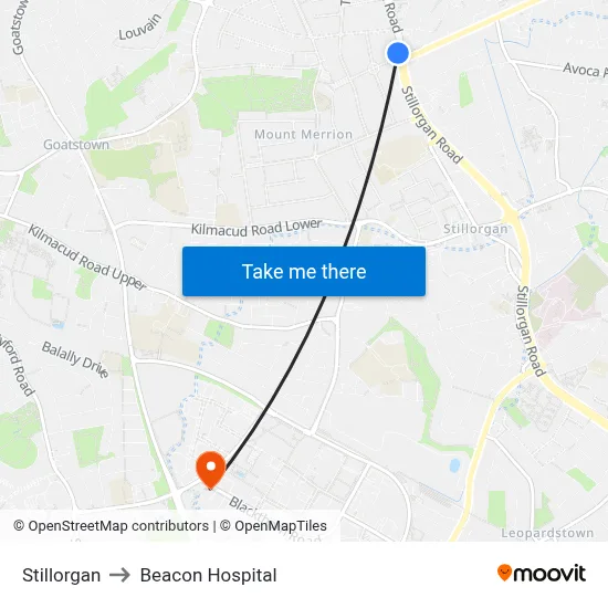 Stillorgan to Beacon Hospital map