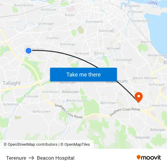 Terenure to Beacon Hospital map