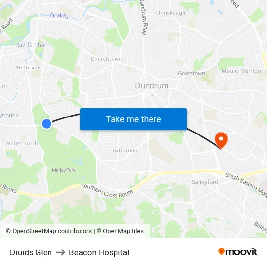 Druids Glen to Beacon Hospital map