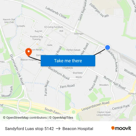 Sandyford Luas stop 5142 to Beacon Hospital map