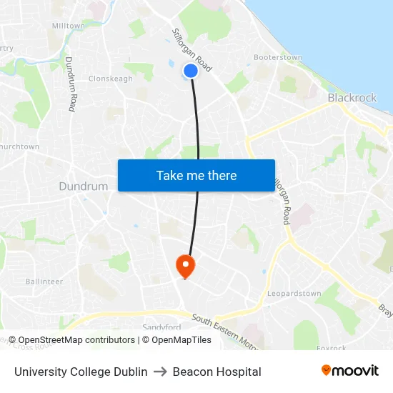 University College Dublin to Beacon Hospital map