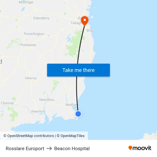 Rosslare Europort to Beacon Hospital map