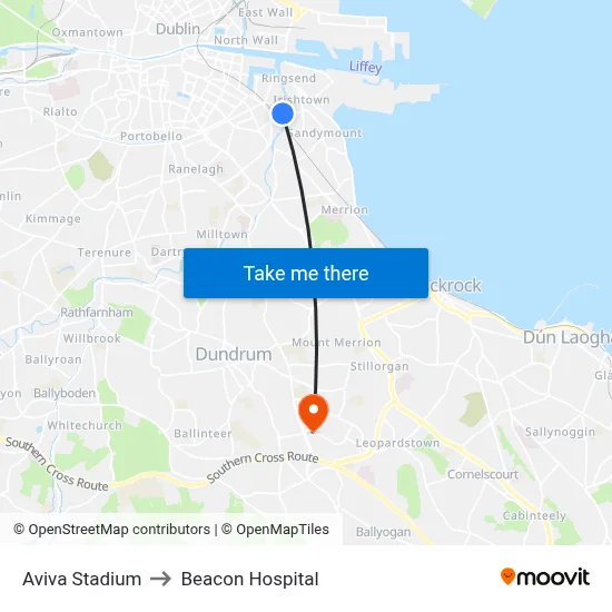 Aviva Stadium to Beacon Hospital map