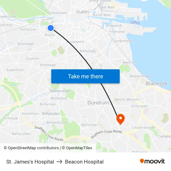 St. James's Hospital to Beacon Hospital map