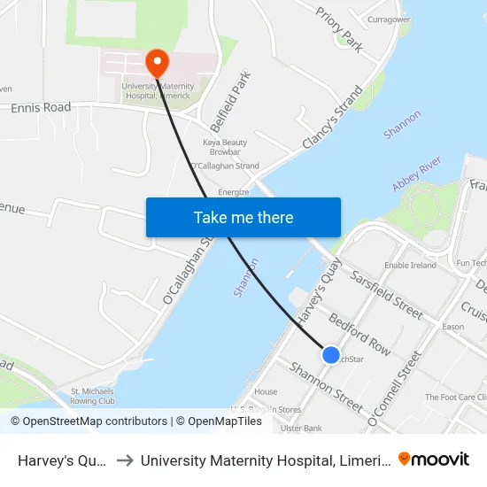 Harvey's Quay to University Maternity Hospital, Limerick map
