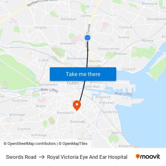 Swords Road to Royal Victoria Eye And Ear Hospital map
