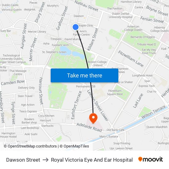 Dawson Street to Royal Victoria Eye And Ear Hospital map