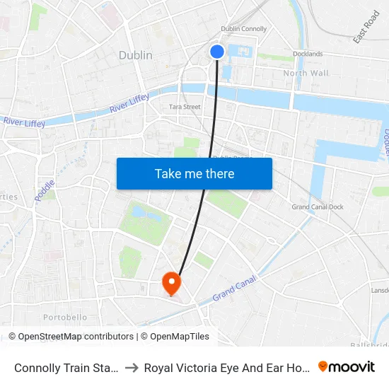 Connolly Train Station to Royal Victoria Eye And Ear Hospital map