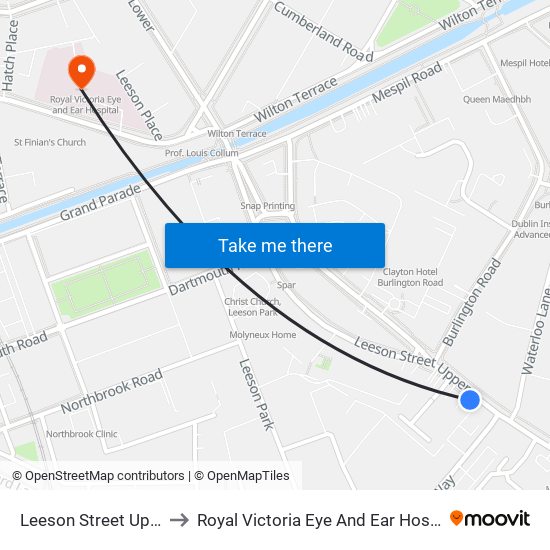 Leeson Street Upper to Royal Victoria Eye And Ear Hospital map