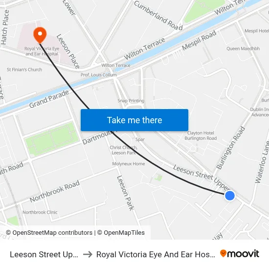 Leeson Street Upper to Royal Victoria Eye And Ear Hospital map