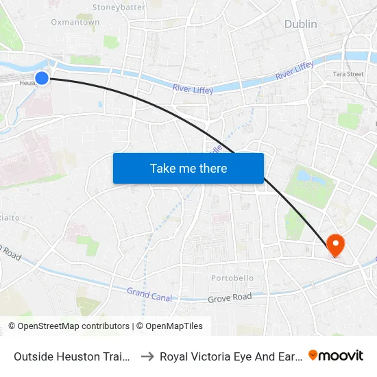 Outside Heuston Train Station to Royal Victoria Eye And Ear Hospital map
