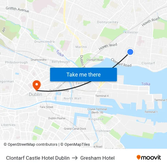 Clontarf Castle Hotel Dublin to Gresham Hotel map