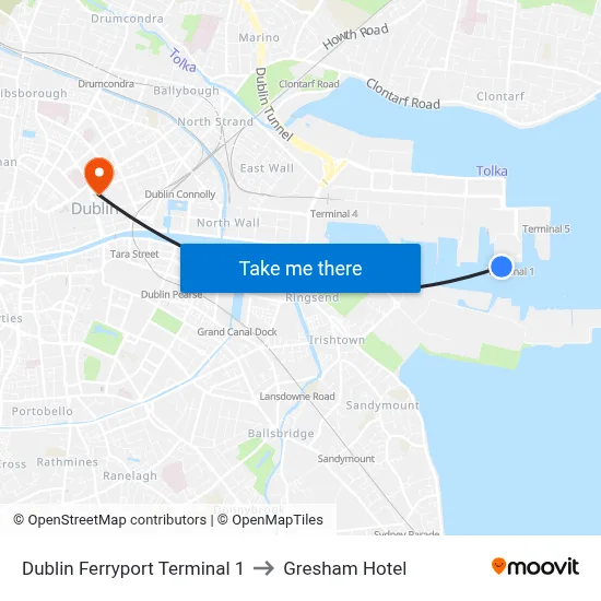 Dublin Ferryport Terminal 1 to Gresham Hotel map