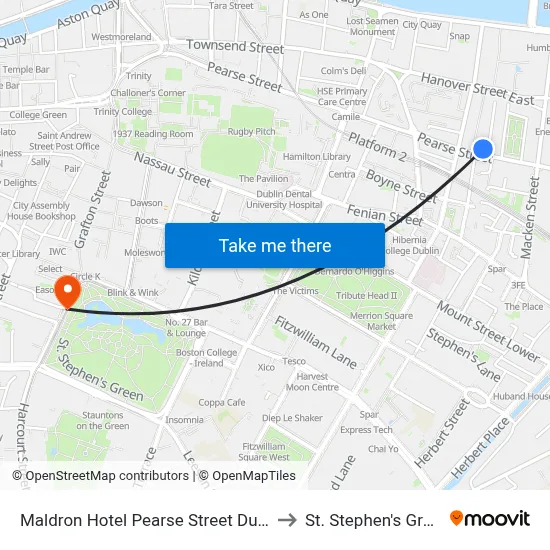 Maldron Hotel Pearse Street Dublin to St. Stephen's Green map