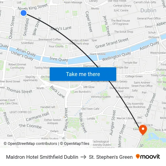 Maldron Hotel Smithfield Dublin to St. Stephen's Green map