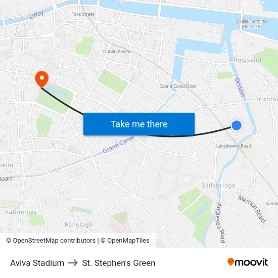 Aviva Stadium to St. Stephen's Green map