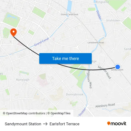Sandymount Station to Earlsfort Terrace map