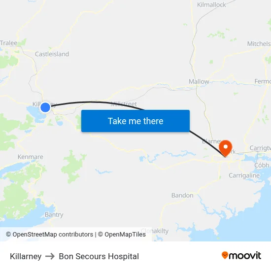 Killarney to Bon Secours Hospital map