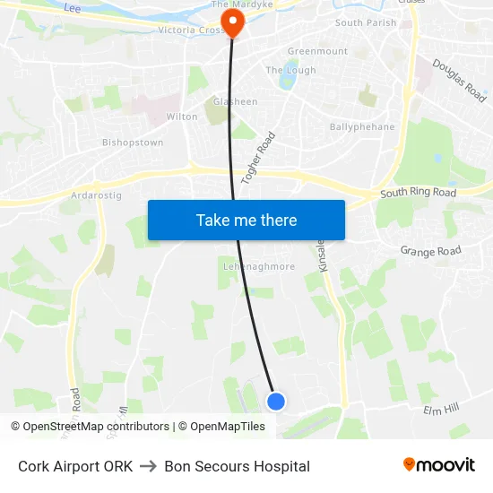 Cork Airport ORK to Bon Secours Hospital map