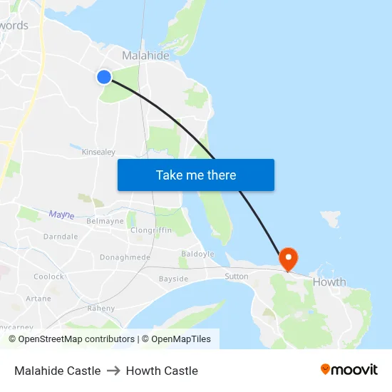 Malahide Castle to Howth Castle map