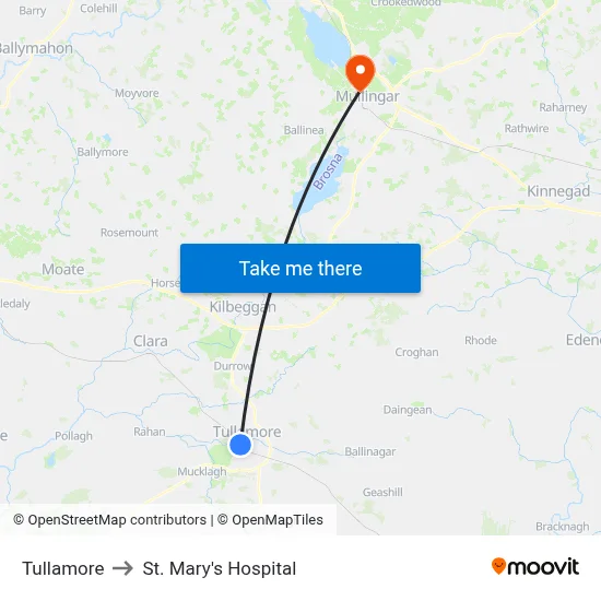 Tullamore to St. Mary's Hospital map