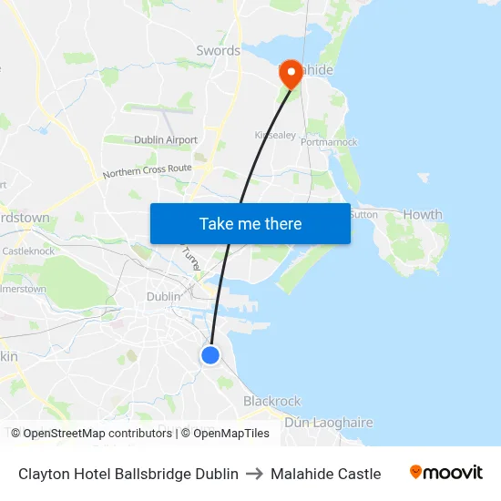 Clayton Hotel Ballsbridge Dublin to Malahide Castle map