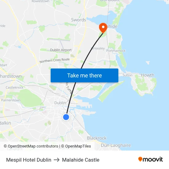Mespil Hotel Dublin to Malahide Castle map