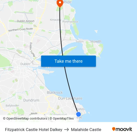 Fitzpatrick Castle Hotel Dalkey to Malahide Castle map