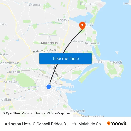 Arlington Hotel O Connell Bridge Dublin to Malahide Castle map
