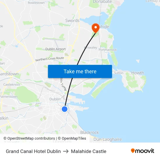 Grand Canal Hotel Dublin to Malahide Castle map