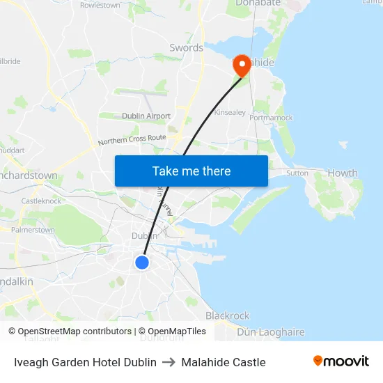 Iveagh Garden Hotel Dublin to Malahide Castle map