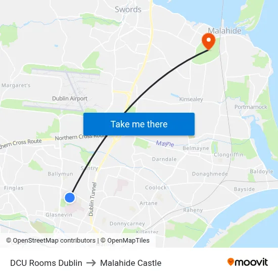 DCU Rooms Dublin to Malahide Castle map