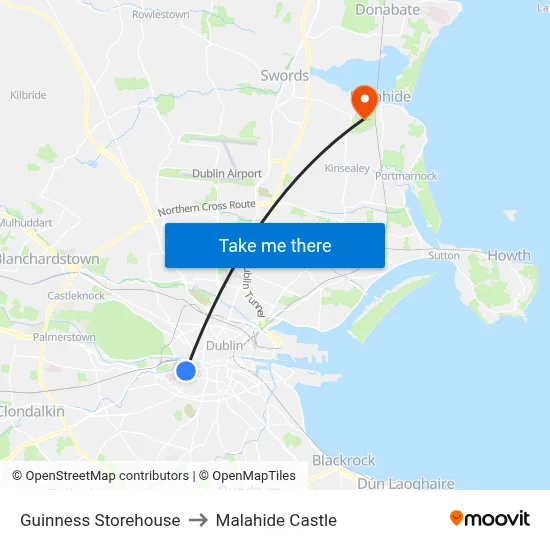 Guinness Storehouse to Malahide Castle map