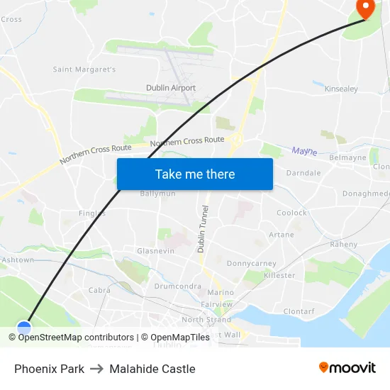 Phoenix Park to Malahide Castle map