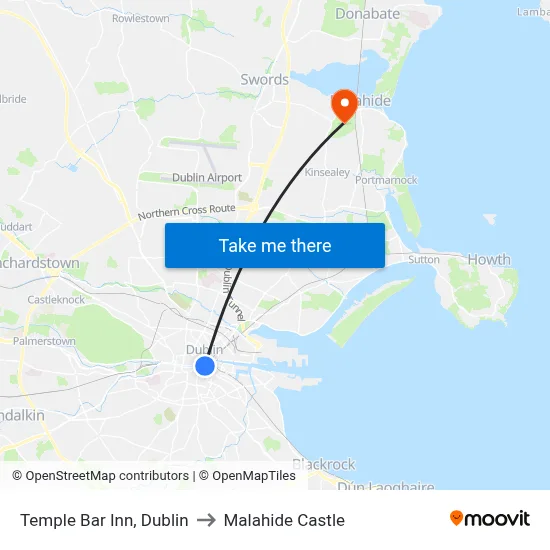 Temple Bar Inn, Dublin to Malahide Castle map