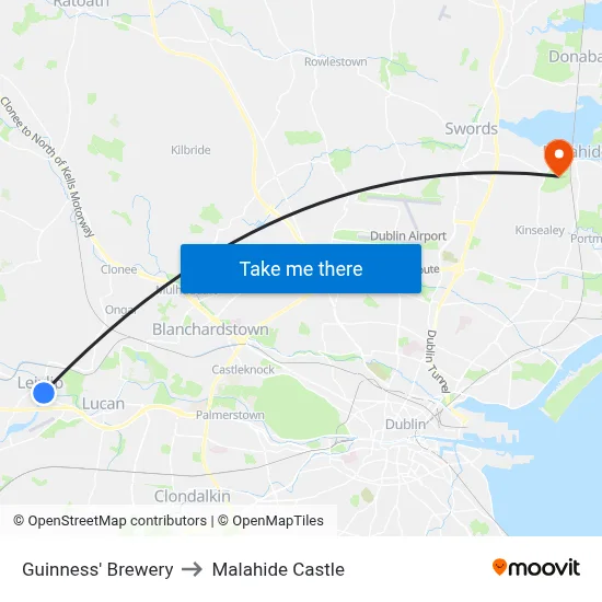Guinness' Brewery to Malahide Castle map