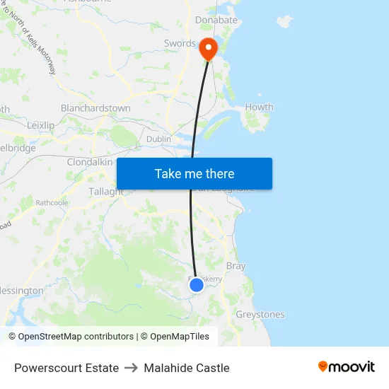 Powerscourt Estate to Malahide Castle map