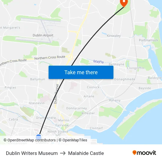 Dublin Writers Museum to Malahide Castle map