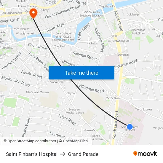 Saint Finbarr's Hospital to Grand Parade map