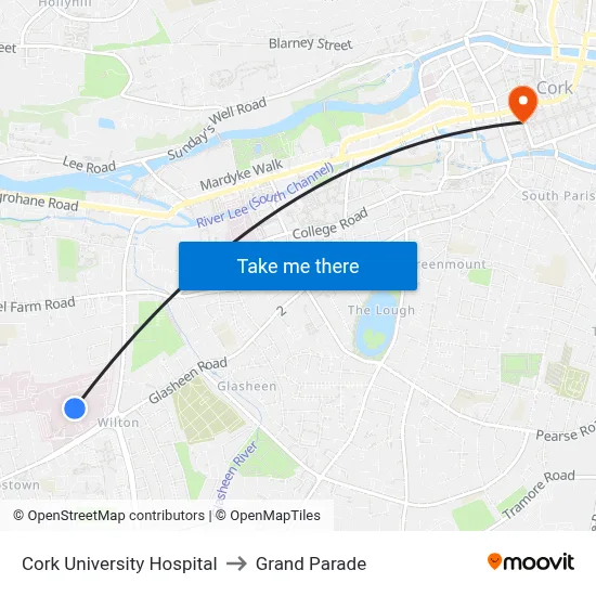 Cork University Hospital to Grand Parade map