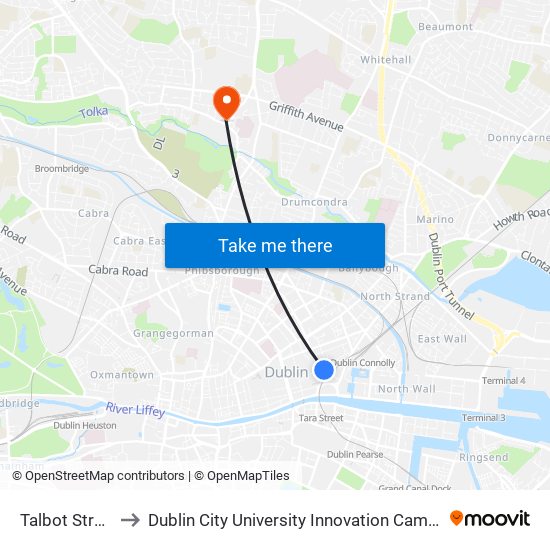 Talbot Street to Dublin City University Innovation Campus map