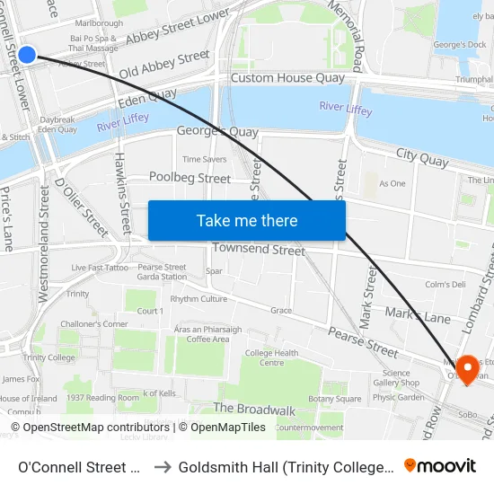 O'Connell Street Lower to Goldsmith Hall (Trinity College, Dublin) map
