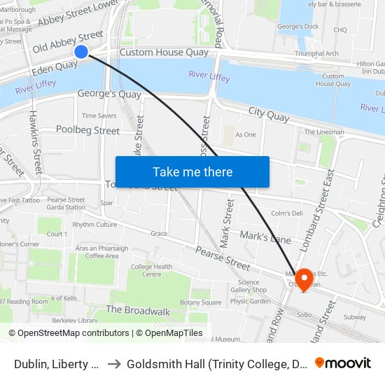 Dublin, Liberty Hall to Goldsmith Hall (Trinity College, Dublin) map