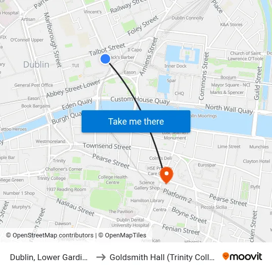 Dublin, Lower Gardiner Street to Goldsmith Hall (Trinity College, Dublin) map