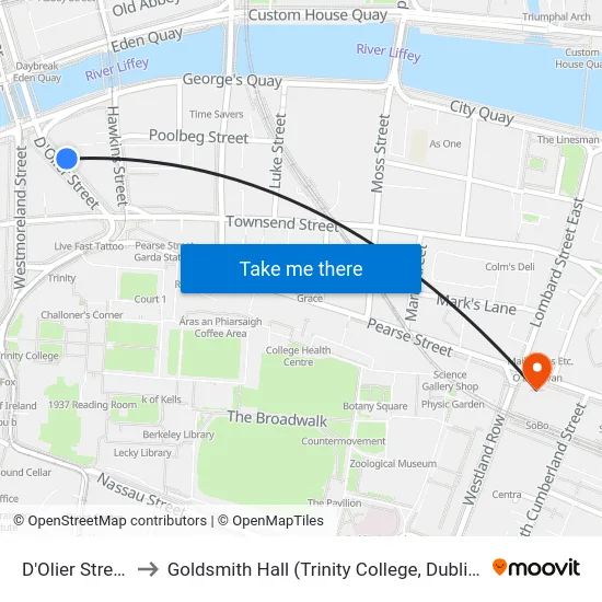 D'Olier Street to Goldsmith Hall (Trinity College, Dublin) map