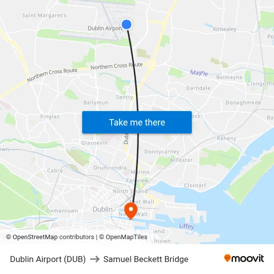 Dublin Airport (DUB) to Samuel Beckett Bridge map