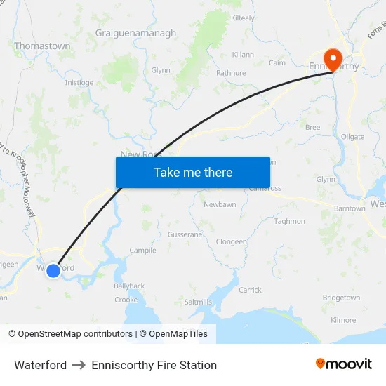 Waterford to Enniscorthy Fire Station map
