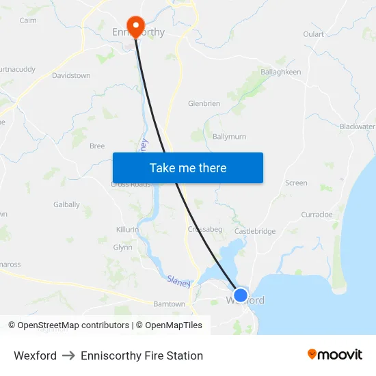 Wexford to Enniscorthy Fire Station map