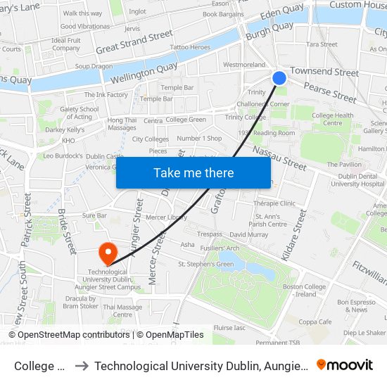 College Street to Technological University Dublin, Aungier Street Campus map