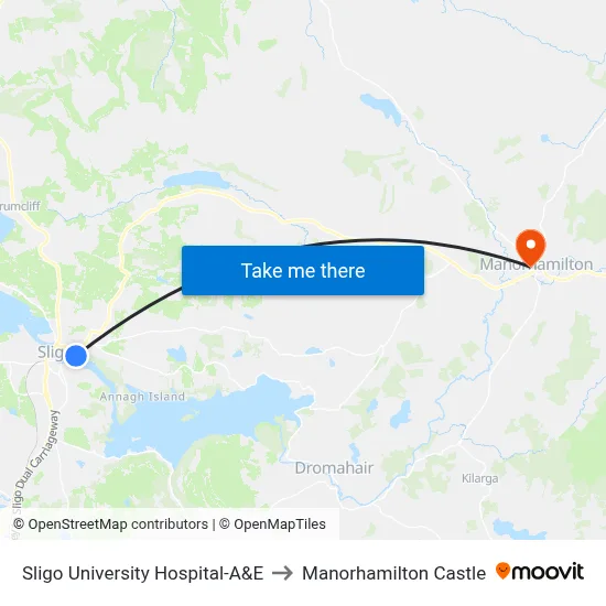 Sligo University Hospital-A&E to Manorhamilton Castle map
